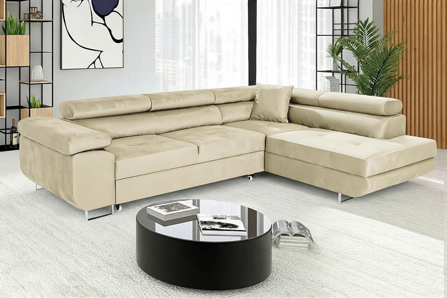 Ecksofa mit Schlaffunktion PASTI L-Form, Sofa Couch mit Bettkasten, 3-Sitzer Eckcouch, Schlafsofa für Wohnzimmer, Big Sofa Couch mit Schlaffunktion (Beige, Ottomane Rechts)