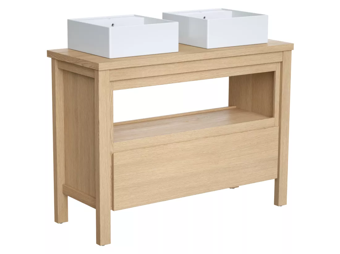 Meuble de salle de bain avec double vasque à poser - Placage chêne - 120 cm - COSMOTI