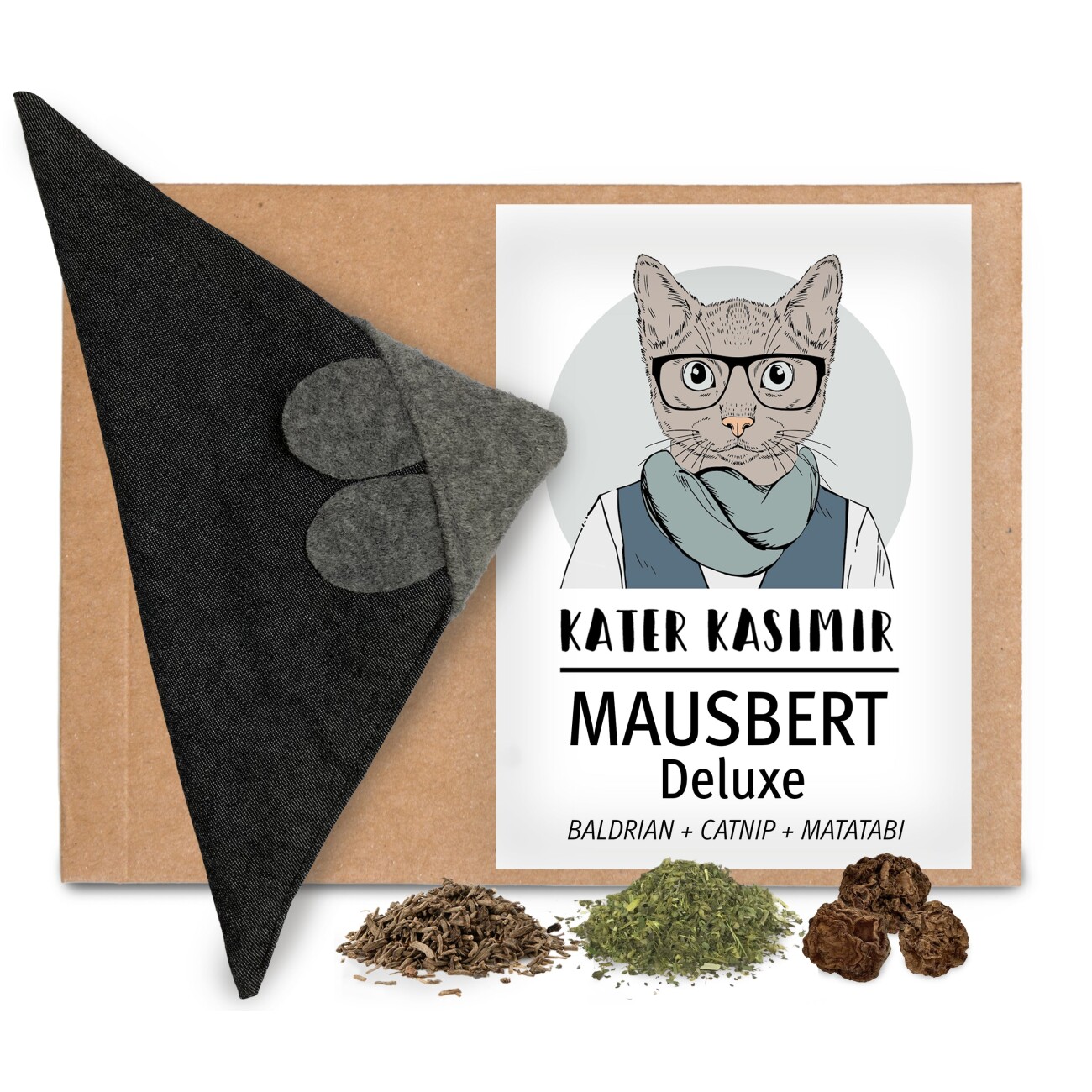 Kater Kasimir Mausbert Deluxe - Die 2-in-1 Spielmaus für Katzen, handgemacht aus BIO-Baumwolle mit BIO-Katzenminze-, BIO-Baldrian- und Matatabi-Füllung