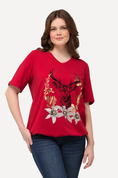T-Shirt, Trachtenmotiv, V-Ausschnitt, Halbarm, Elastiksaum