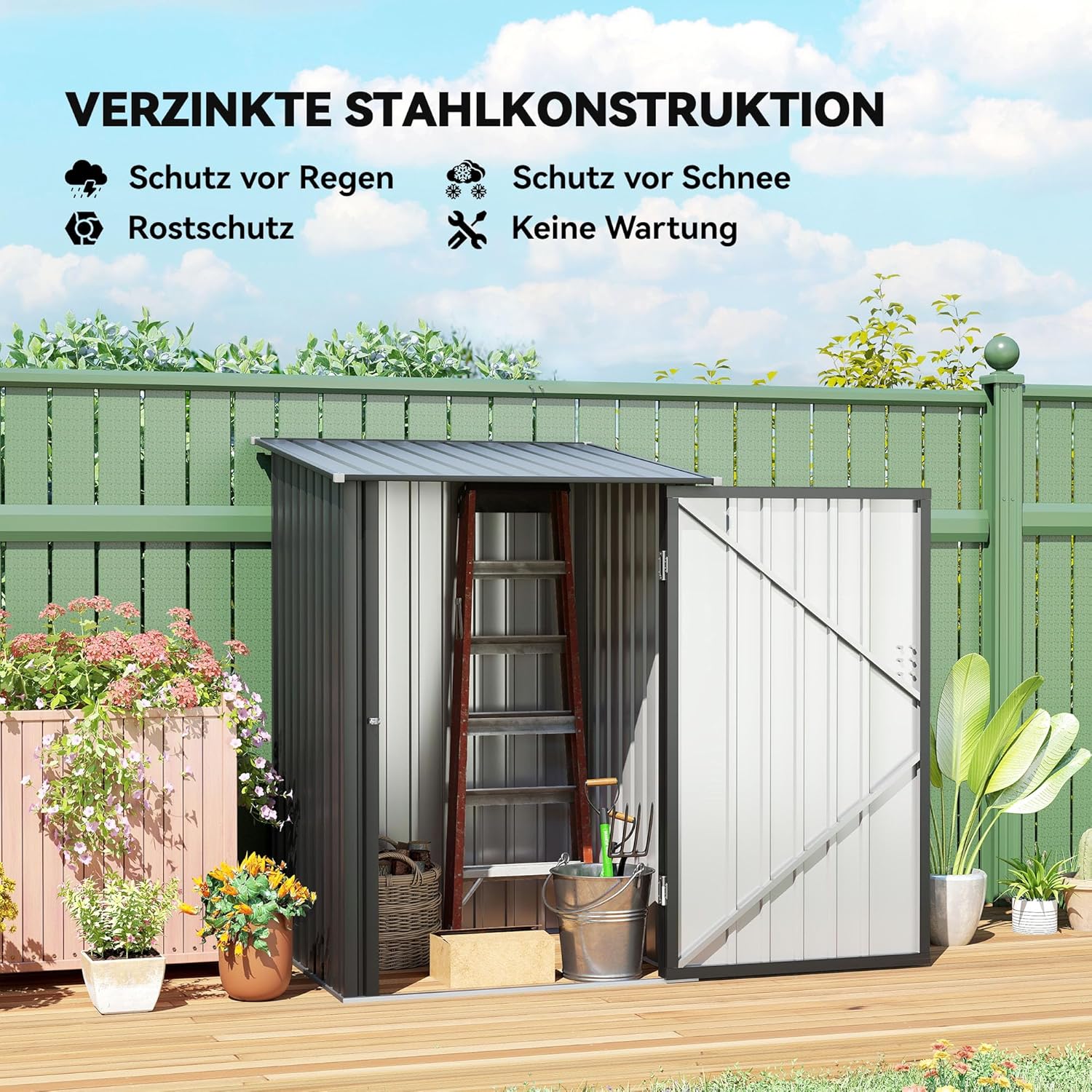 Outsunny Metall Gerätehaus 0,92 m² 100x103x160cm Geräteschuppen mit Pultdach Abschließbarer Tür Gartenhaus Outdoor Garten Schuppen Schrank für Hinterhof Außenbereich Dunkelgrau
