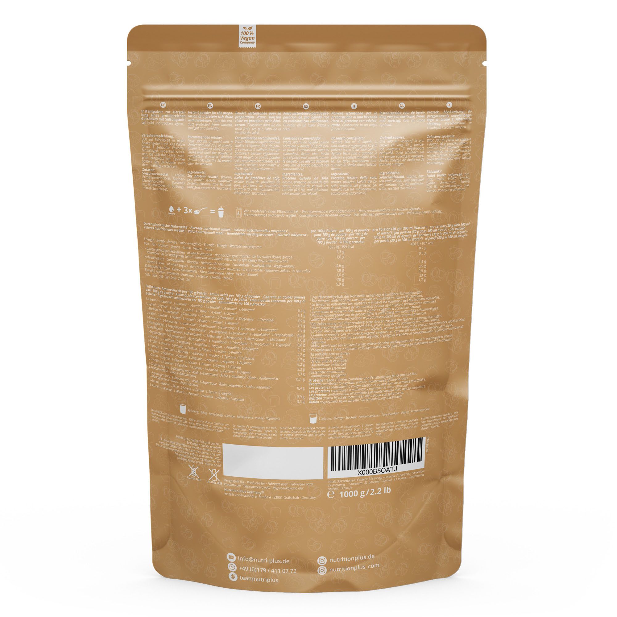 Nutri+ Veganes Proteinpulver 3k - Eiweiß Protein Pulver 1kg