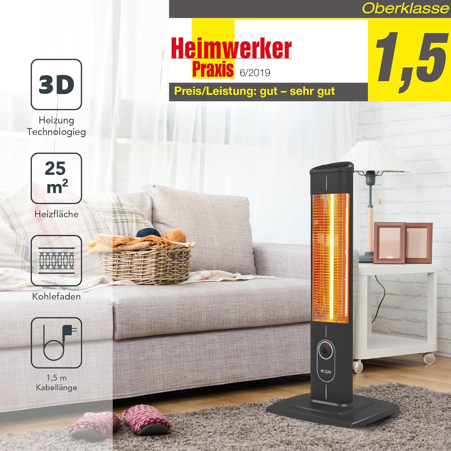 ICQN Stand Heizstrahler mit Fernbedienung, 2300 Watt, Infarot, Infarotheizung für Innen- & Außenbereich, Standheizstrahler, Standgerät, IP20, Digitalanzeige