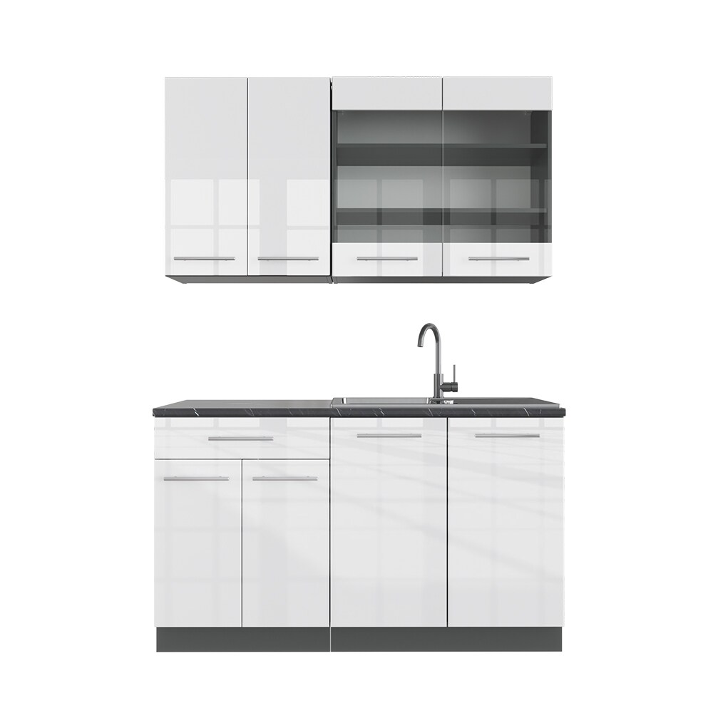 Vicco Küchenzeile Single Einbauküche 140 cm Küchen Weiß Hochglanz Fame-Line