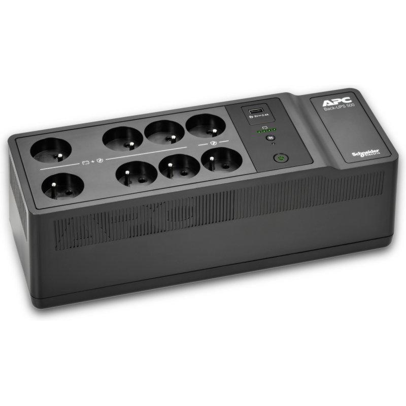 APC Back-UPS BE500G2-FR - Onduleur 8x broches terre (Belgique), 500VA, 1 chargeur USB, 1 port data USB
