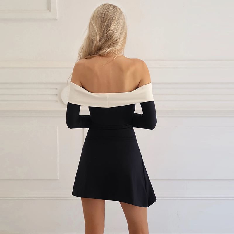 Rosesand - Off-shoulder lange mouwen tweekleurige mini A-lijn jurk
