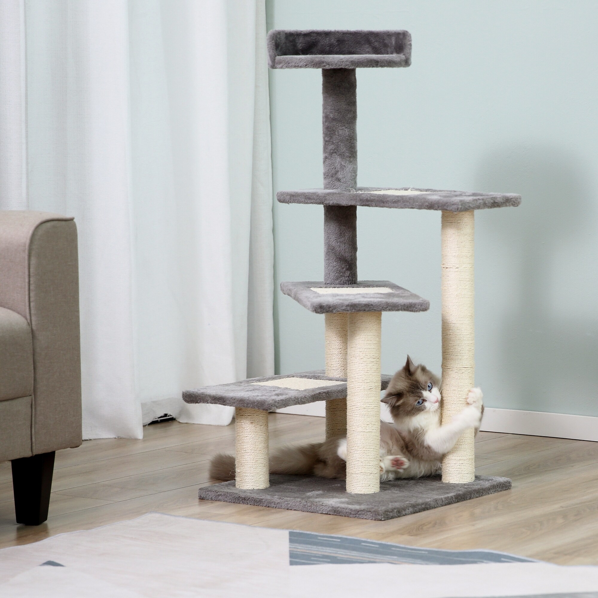 PawHut Kletterbaum mit 5 Ebenen beige, grau 48 x 48 x 101 cm (LxBxH)