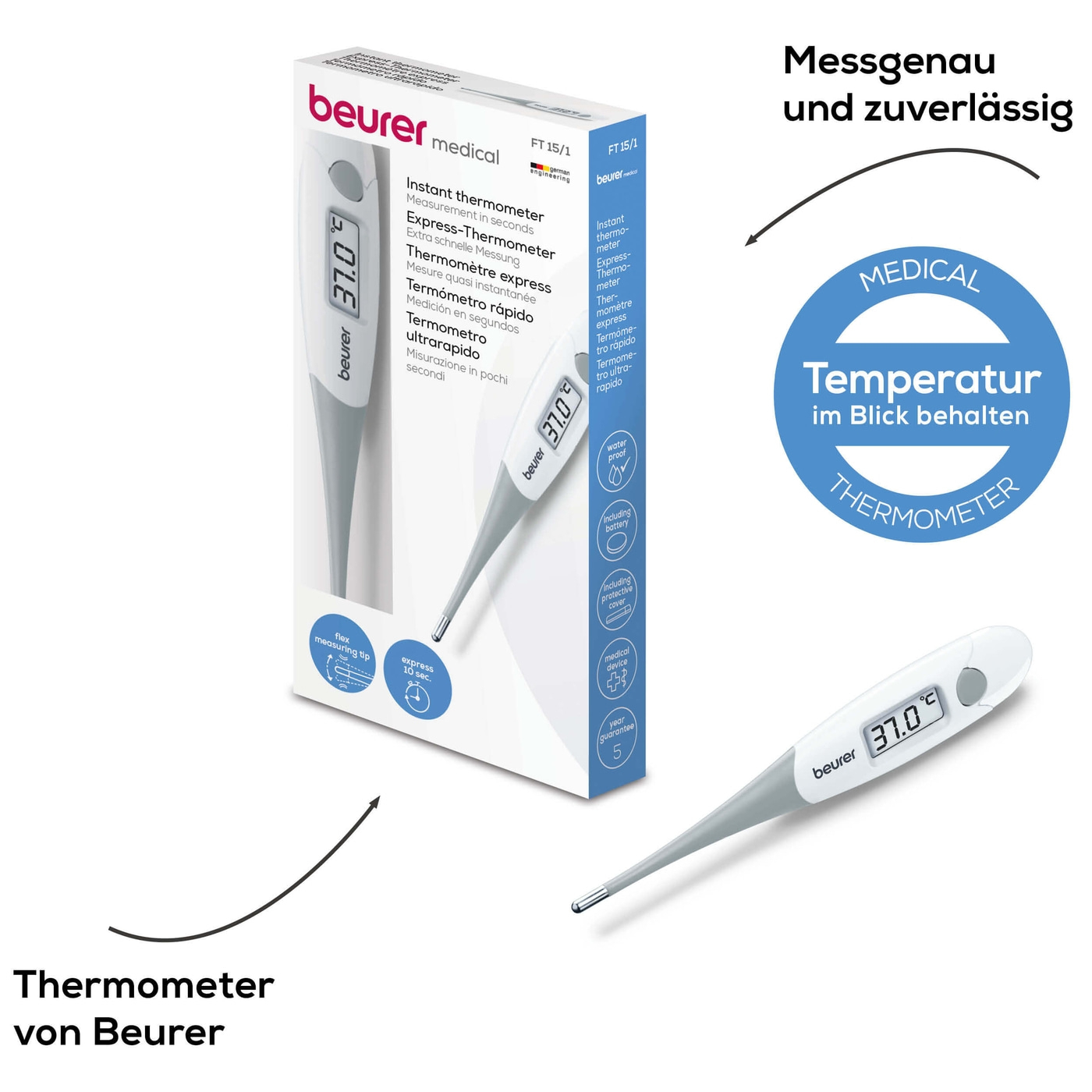 FT 15/1 Express Thermometer Fieberthermometer Temperatur Messgerät (°C/°F) inkl. Batterie (79410) - Weiss