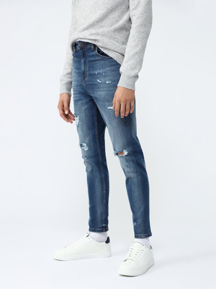 Calça jeans skinny rasgada - Azul escuro