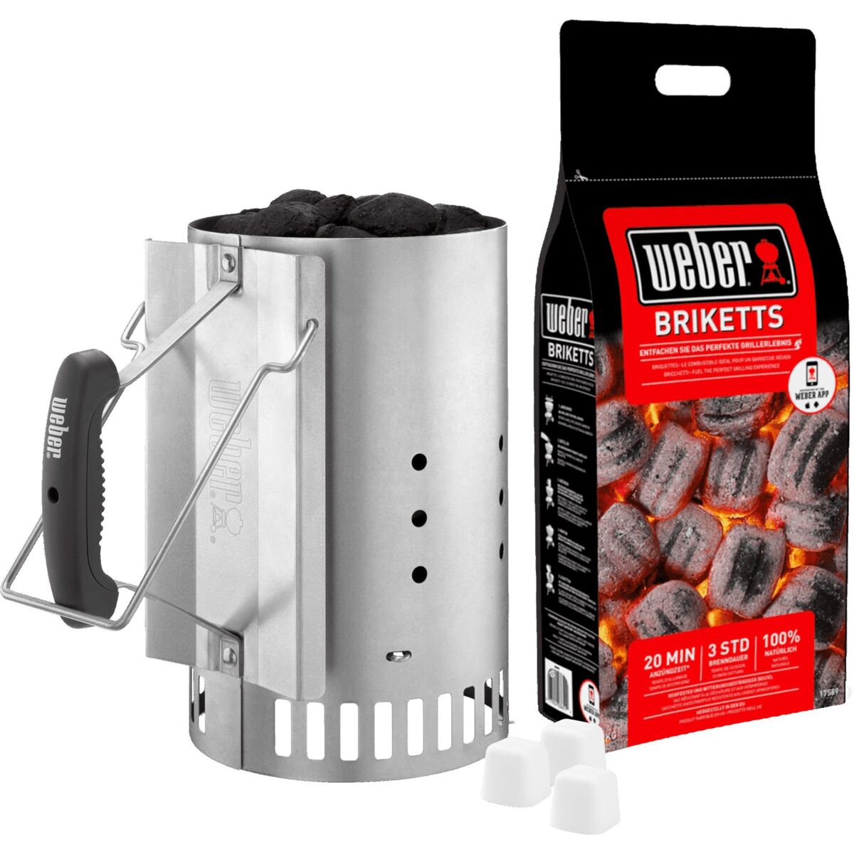 Opptenningspakke - Grillstarter, 2kg Briketter & 6 Opptenningsblokker