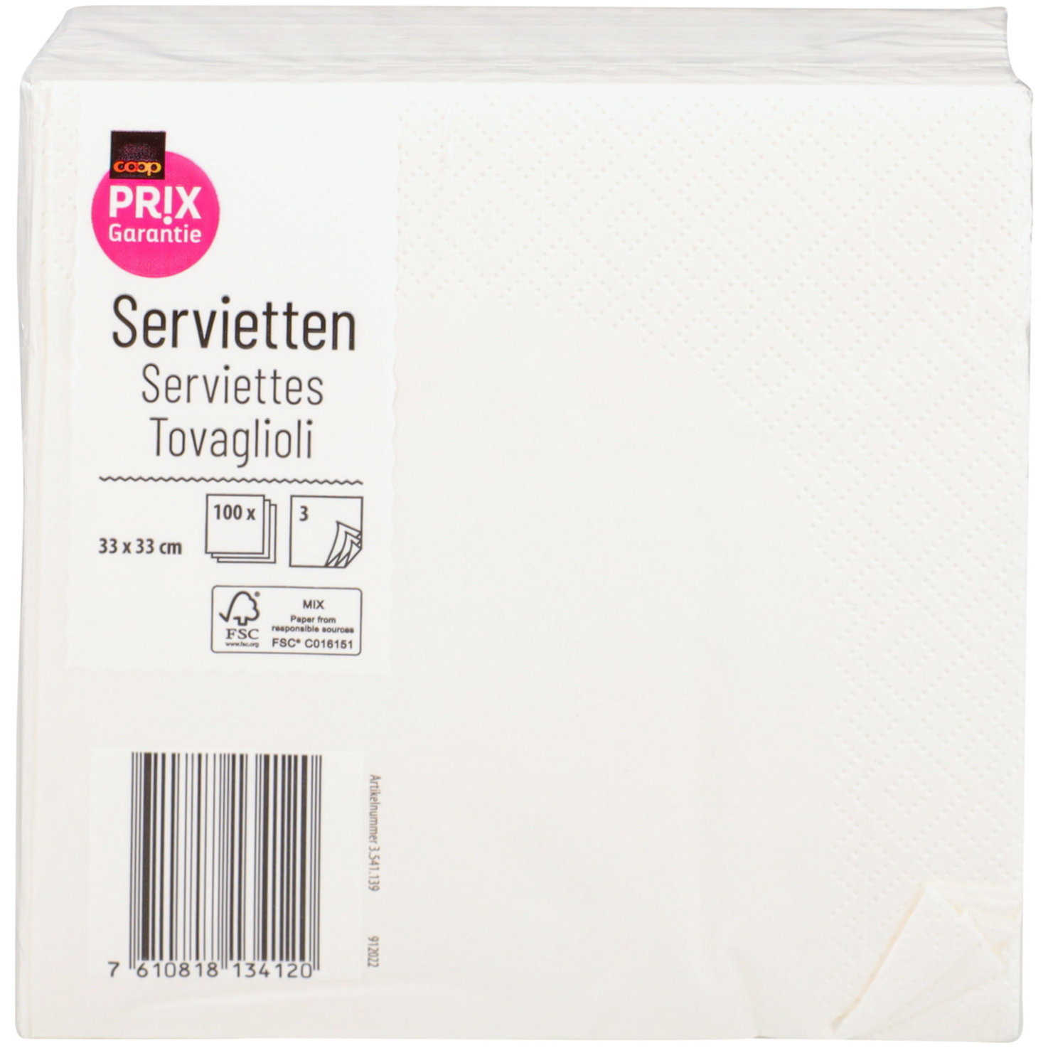 Prix Garantie Servietten weiss 33x33cm, 100 Stück, 3-lagig