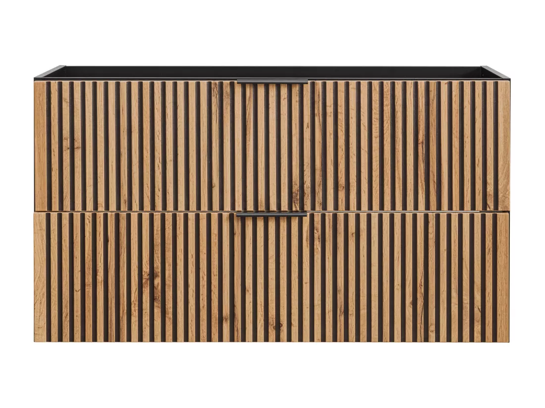 Meuble sous vasque suspendu strié - Naturel clair et noir - 100 cm - MADELA