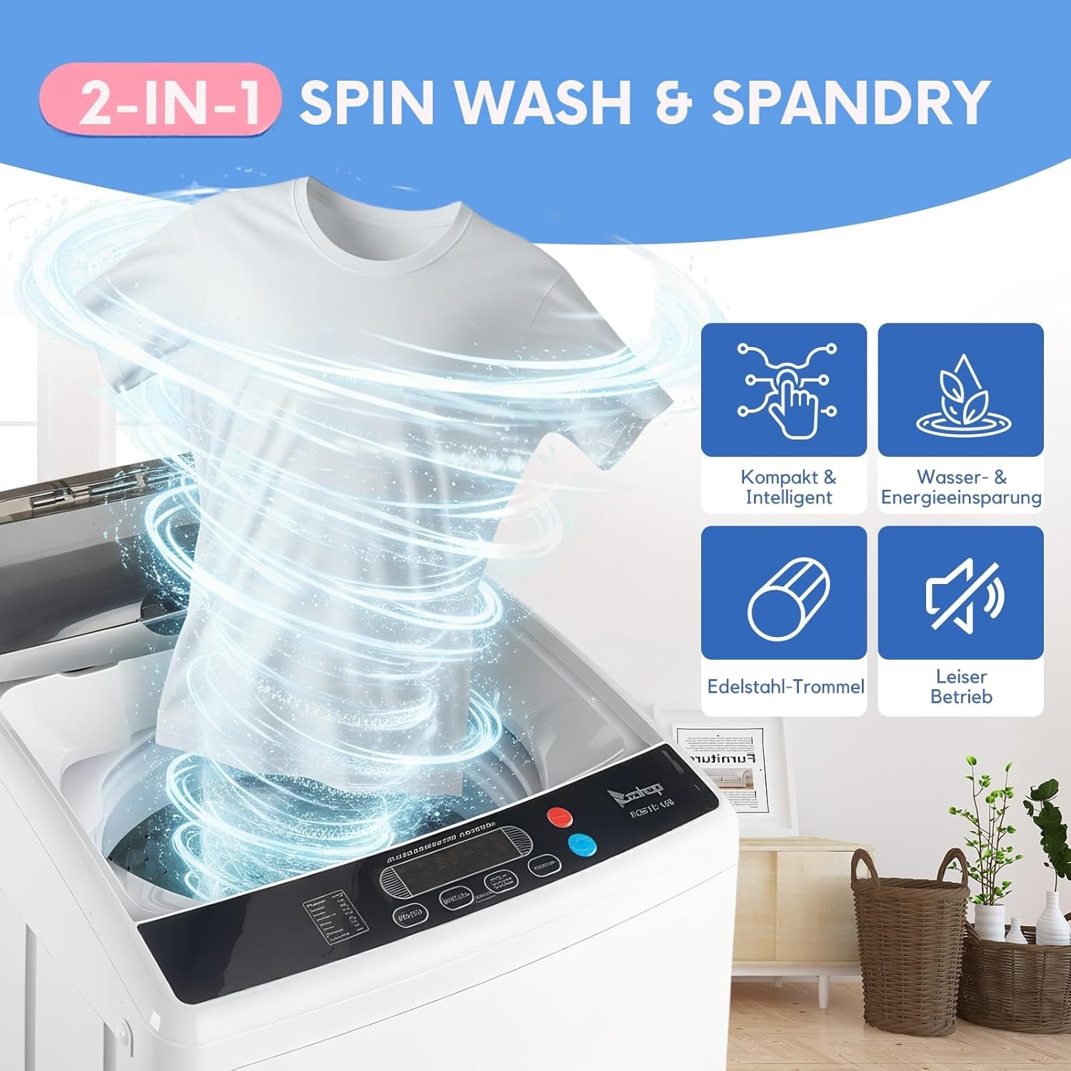 LEADZM Toplader Waschmaschine 7KG，Waschvollautomat mit Schleuder mit Edelstahltrommel，Mini Waschmaschine ideal für Apartments und Wohnmobile (7KG)