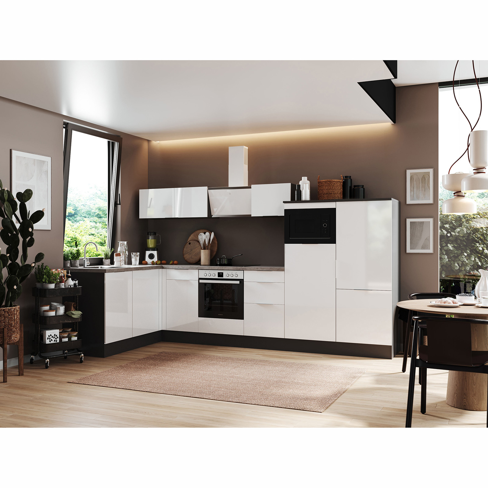 RESPEKTA Winkelküche - weiß Hochglanz - grau matt - mit E-Geräten - 340x175 cm
