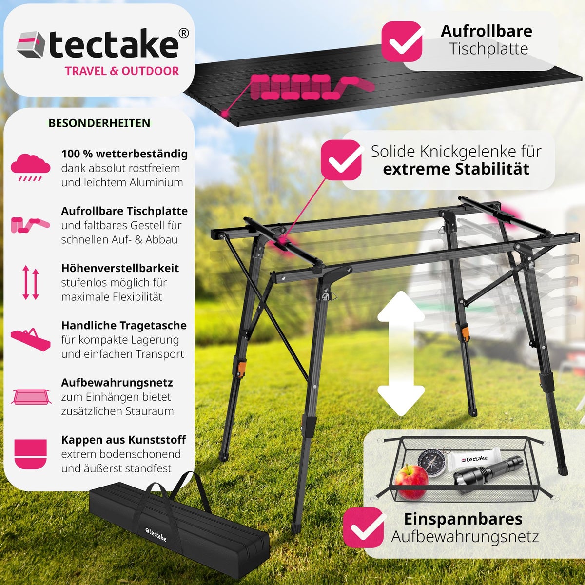 tectake Tina opvouwbare kampeertafel 90 x 52 x 47 - 70 cm
