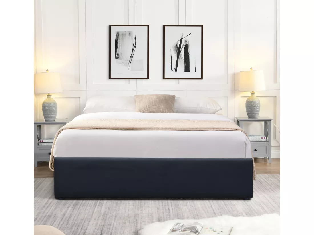 Lit coffre noir 140x190 cm avec 2 x 12 lattes - Montage rapide et entretien facile PVC simili