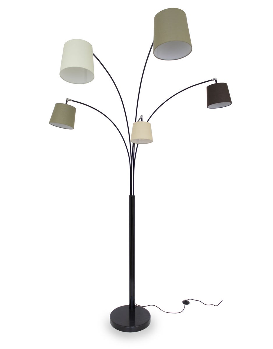 Nivia 5-armige boogvloerlamp, zwart, stoffen kappen in bruine tinten, 225 cm, 11041