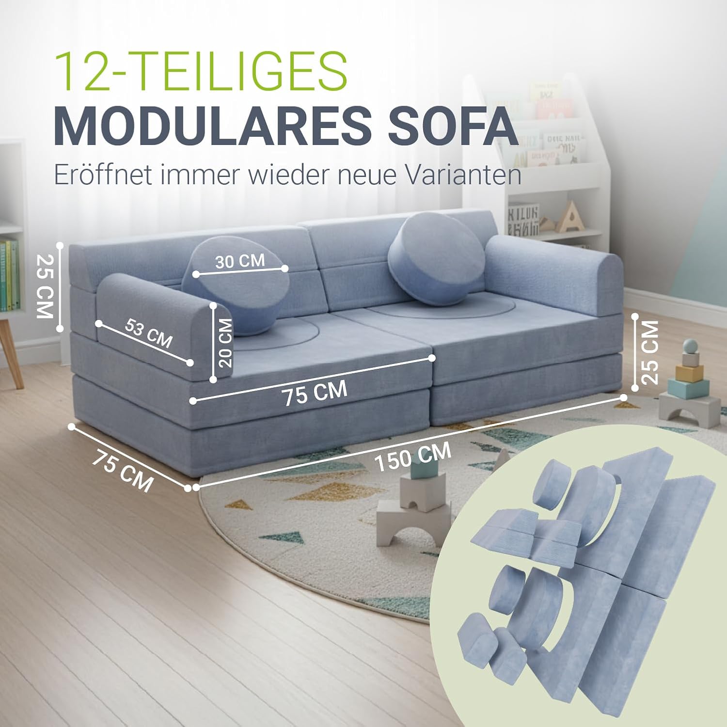 Juskys® Kindersofa Kayo - Cord, modular & weich, Sofa für Kinderzimmer & Spielzimmer, sicher, flexibel, pflegeleicht, mit abnehmbaren Bezügen – Hellblau