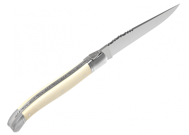 Couteau Laguiole avec un manche en ivoire de mammouth et 2 mitres en acier inoxydable