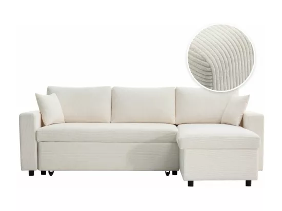 Canapé d'angle 3 places convertible et réversible Maria en velours côtelé fin avec coffre - Blanc - L227 x P146 x H81cm - Loungitude