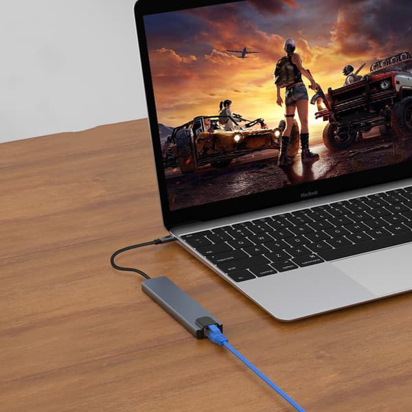 INF USB-C-hub med 8 uttak for USB, UBC PD, HDMI, RJ45, micro-SD Grå