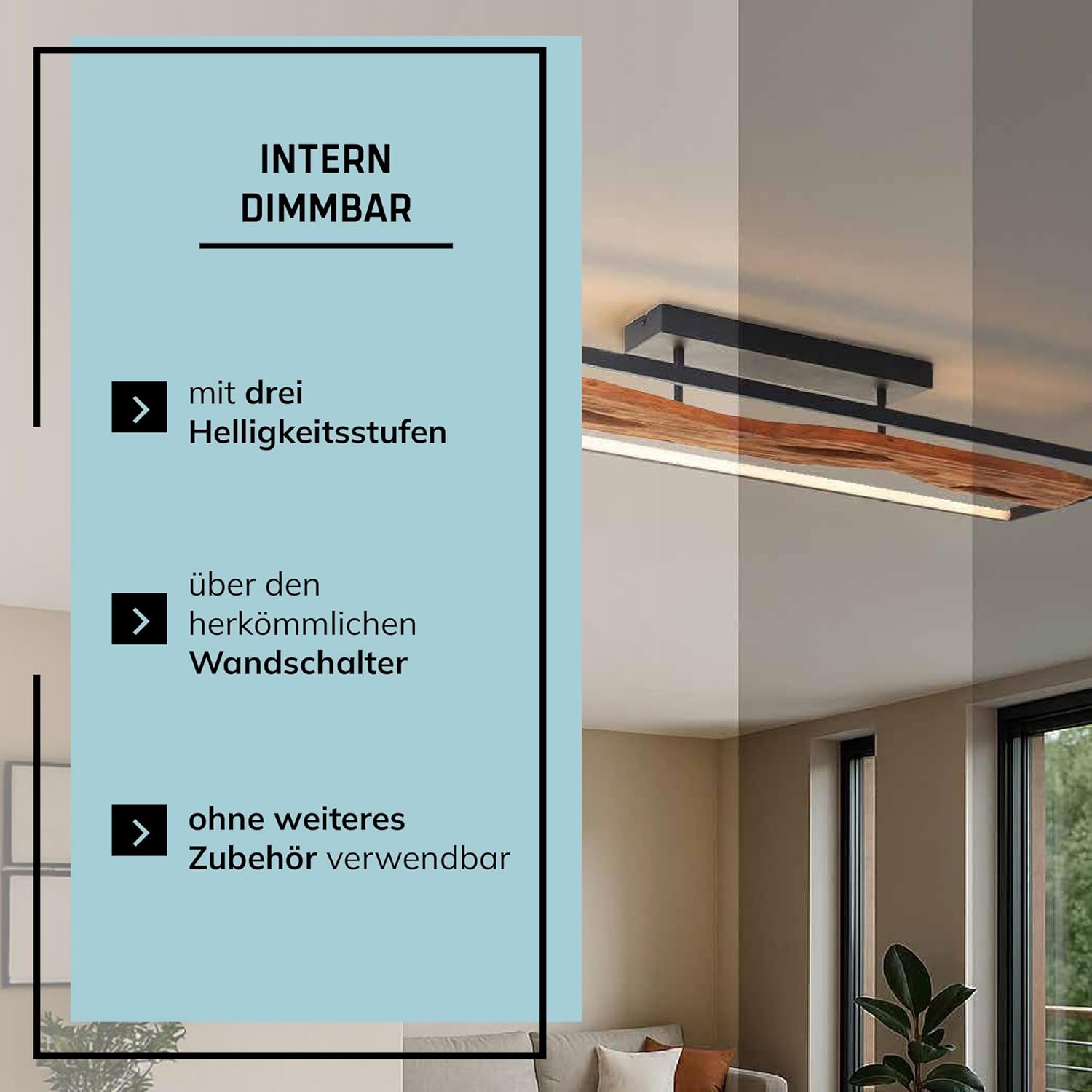 Lightbox LED Deckenlampe im Landhaus Stil | dimmbare Deckenleuchte für Wohnzimmer oder Schlafzimmer in warm-weiß mit 3000 K, 6600 Lumen | aus Aluminium/Metall/Holz in Schwarz/Braun