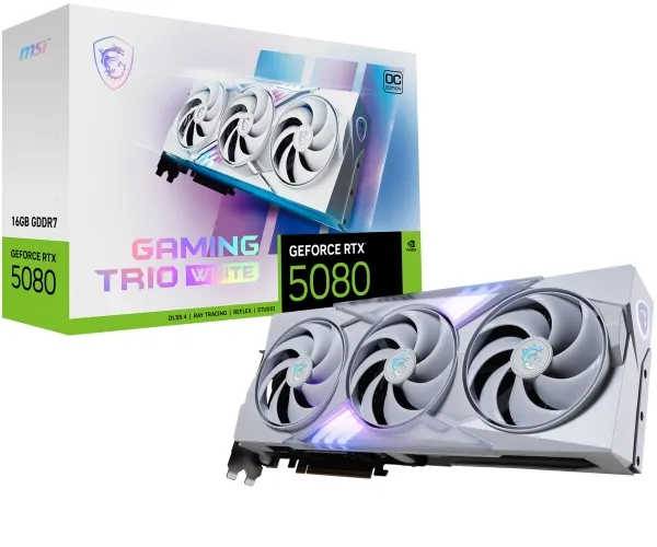 MSI GeForce RTX 5080 16G GAMING TRIO OC - Grafikkort - GeForce RTX 5080 - 16 GB GDDR7 - PCI Express 5.0 - 3 x DisplayPort, HDMI - hvid