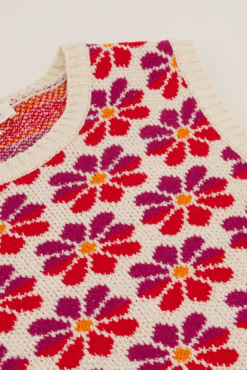 Beige jacquard spencer met multikleur bloemenprint