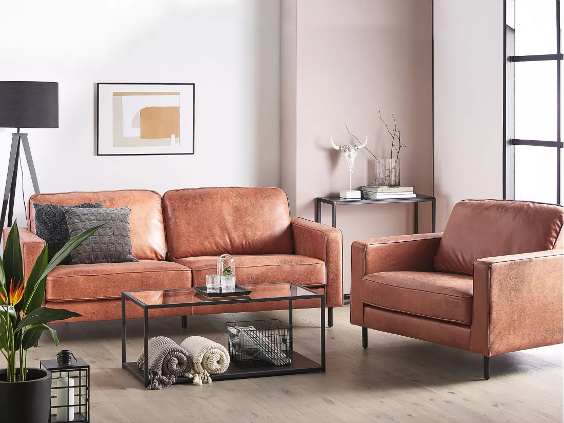 Ensemble canapé et fauteuil en cuir PU marron doré 4 places SAVALEN