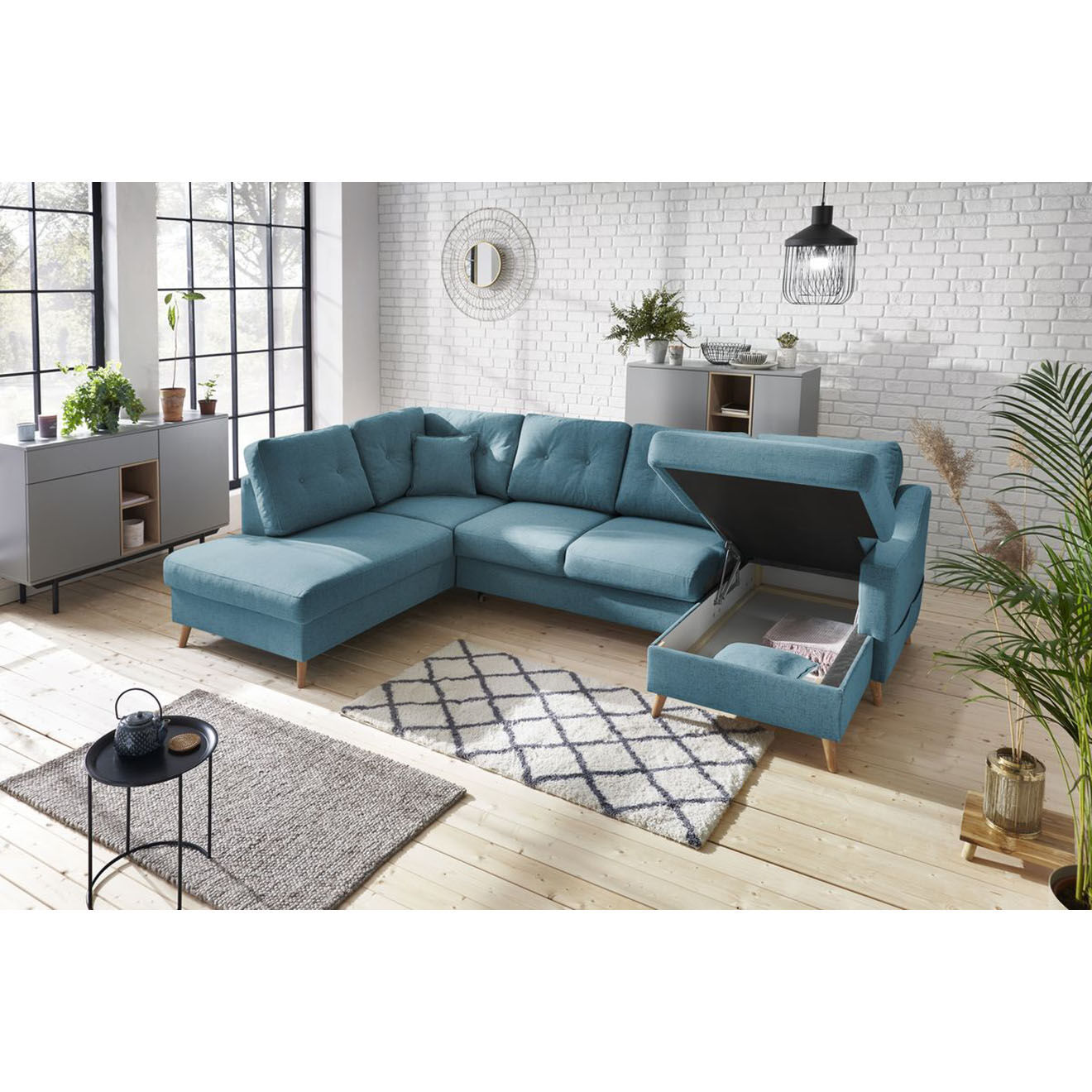 Bobochic Canapé d'angle panoramique convertible droit Sweden bleu clair - 300x149/90/198x95 cm
