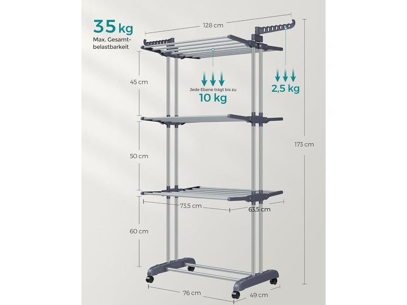 Songmics Turmtrockner 126.6 x 64.2 x 169.2 cm Wäscheständer mit 4 Ebenen