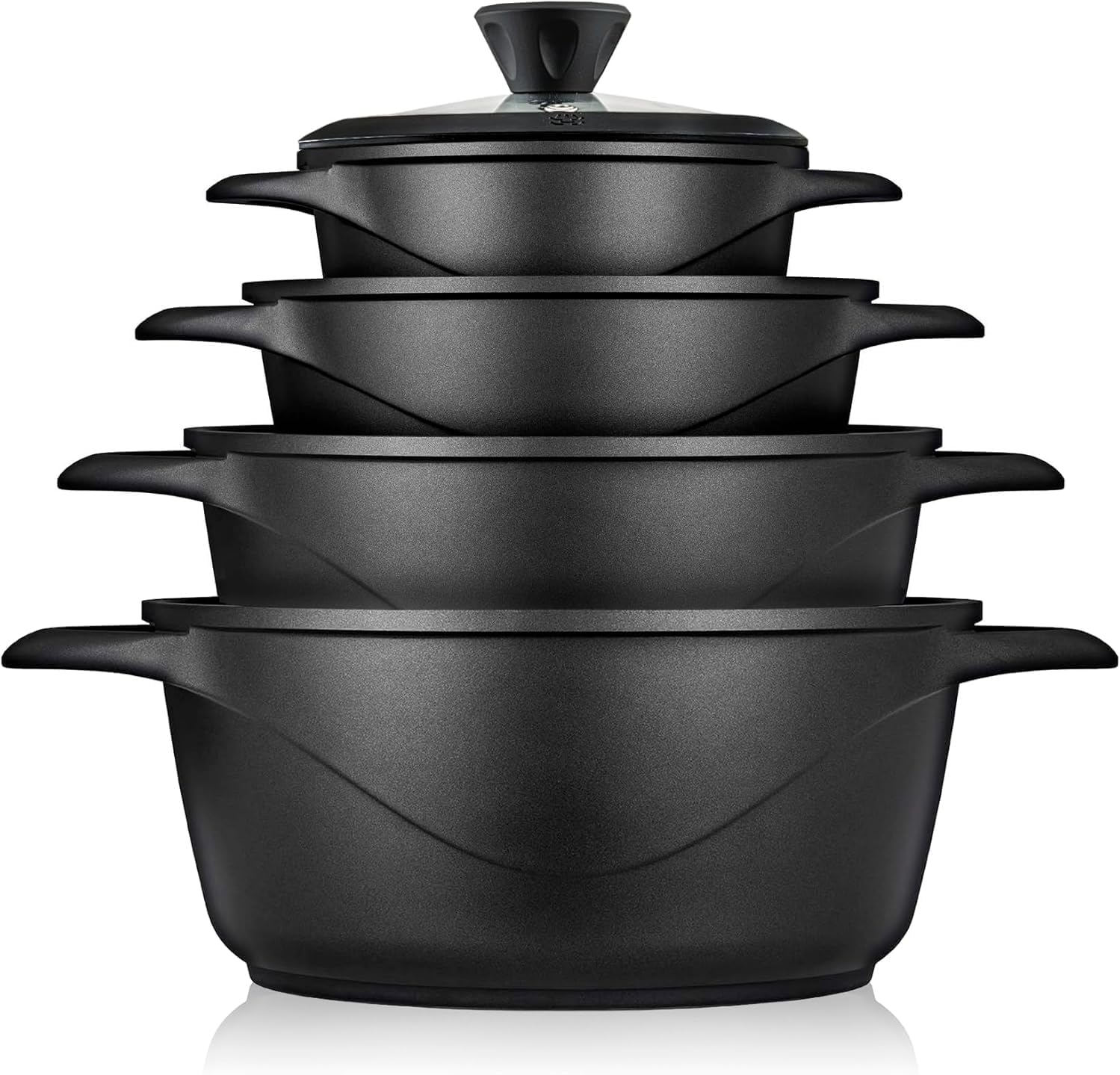 briebe Topfset Induktion 8-Teilig, Kochtopf Set 4 Töpfen aus Aluminiumguss, Antihaftbeschichtung ILAG GRANITEC ohne PFOA, Deckeln aus Glass, Topfhandschuhe Silikon, Glaskeramik, Gas, Ofen, MGK-12S