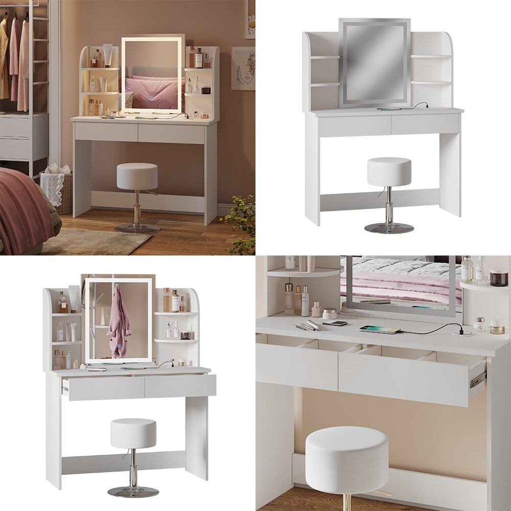 Vicco Schminktisch Charlotte Weiß 106 cm mit LED-Spiegel QI-Ladestation und Hocker