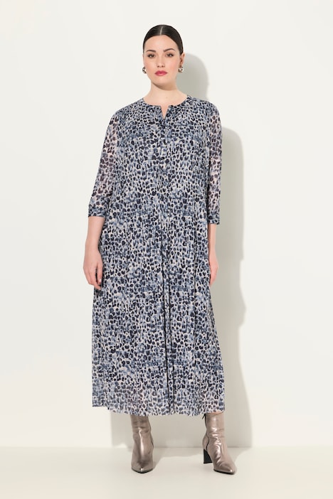 Mesh-Maxikleid, Leomuster, doppellagig, Rundhals, 3/4-Arm