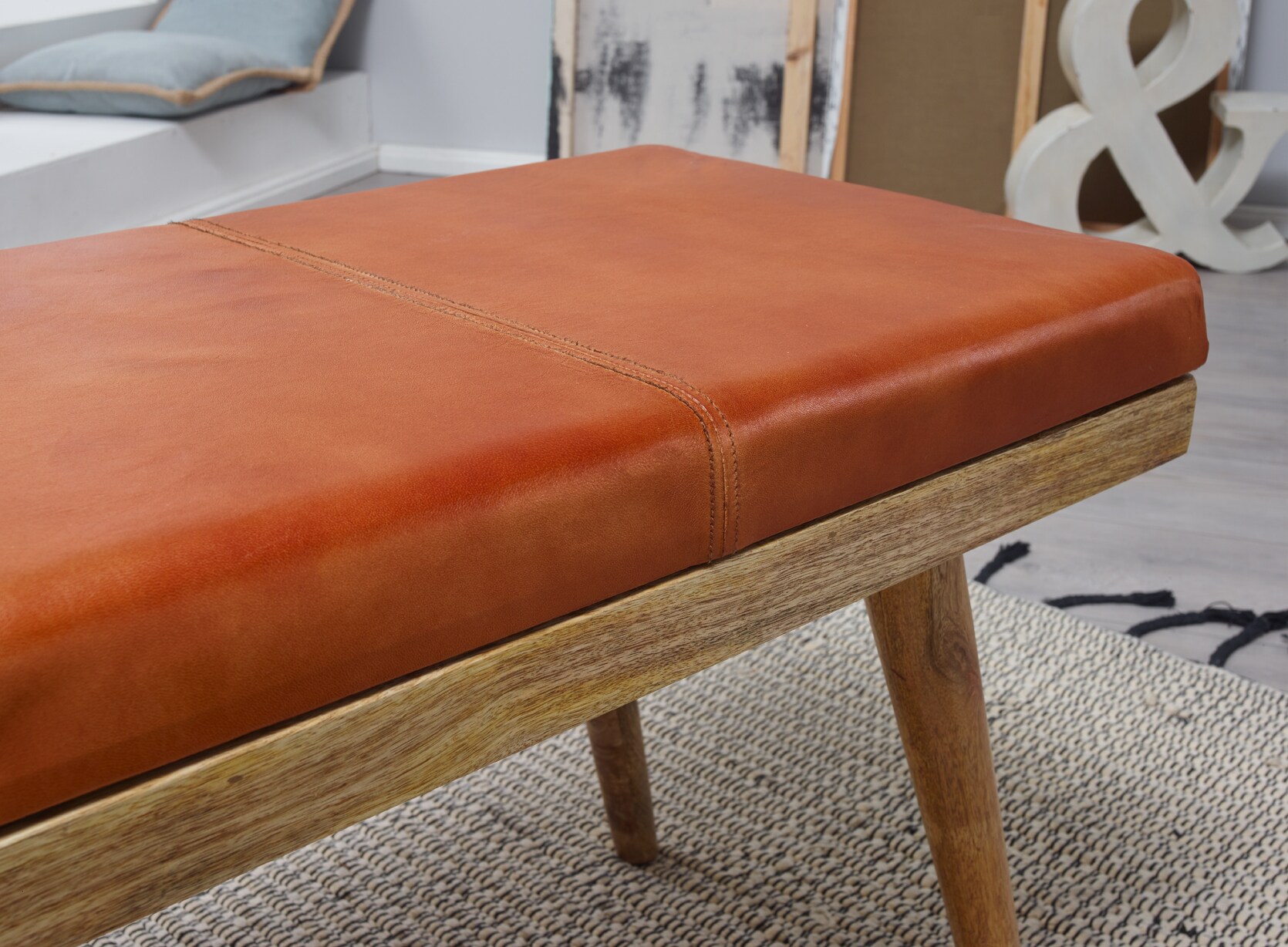 KADIMA DESIGN Retro-Stil Sitzbank: Stauraum, Ziegenleder-Bezug, 100x52x38 cm, Schublade, Anti-Rutsch-Noppen.