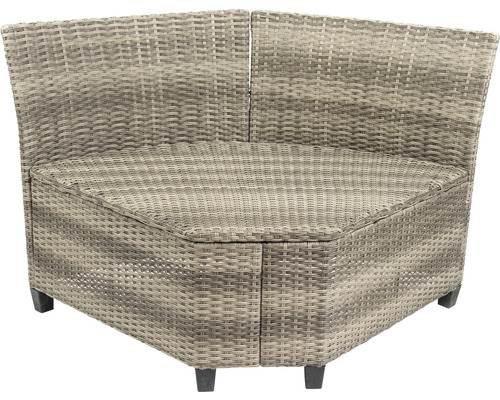 Tuinset voor 6 personen, bestaande uit: 2 banken, 1 hoekmodule, fauteuil, 2 krukken, tafel. Polyrotan, aluminium, grijs.