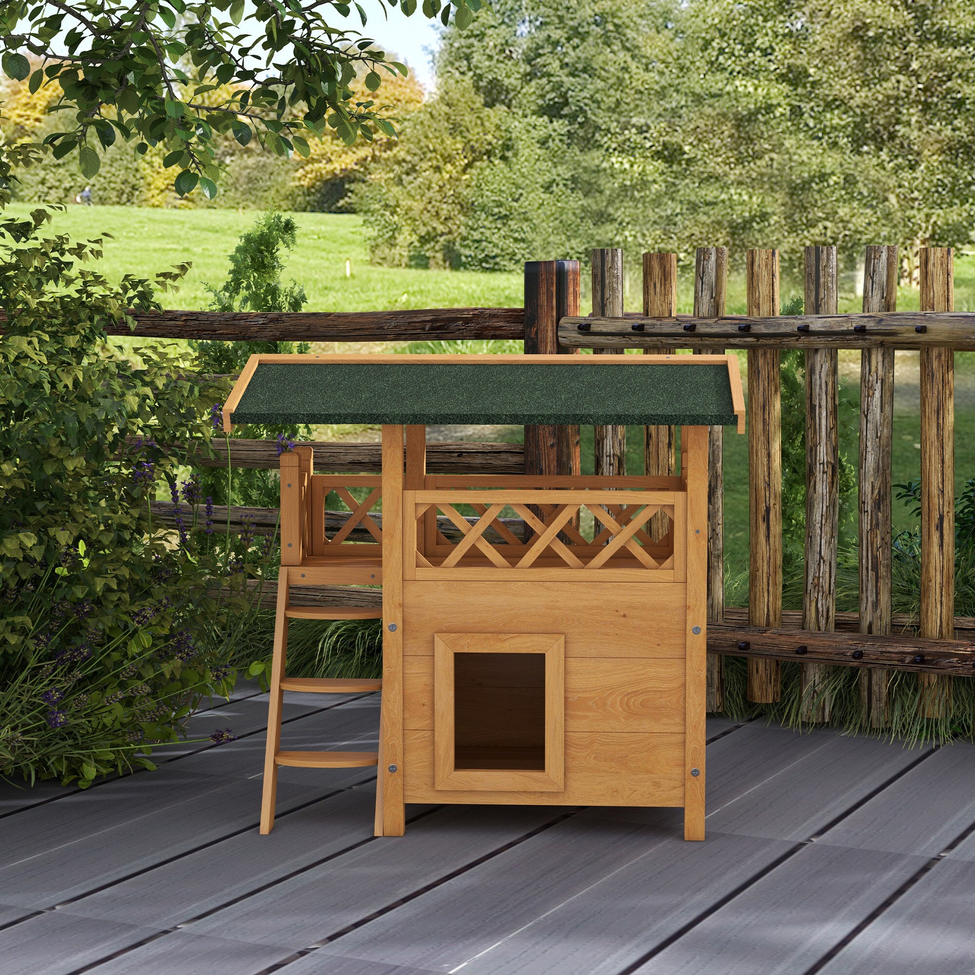 PawHut Katzenhaus mit Treppe und Dach natur 77L x 50B x 73H cm