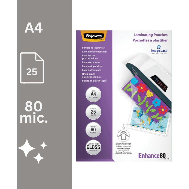 Pochettes de plastification Fellowes A4 2 x 80 µ brillantes - Boite de 25