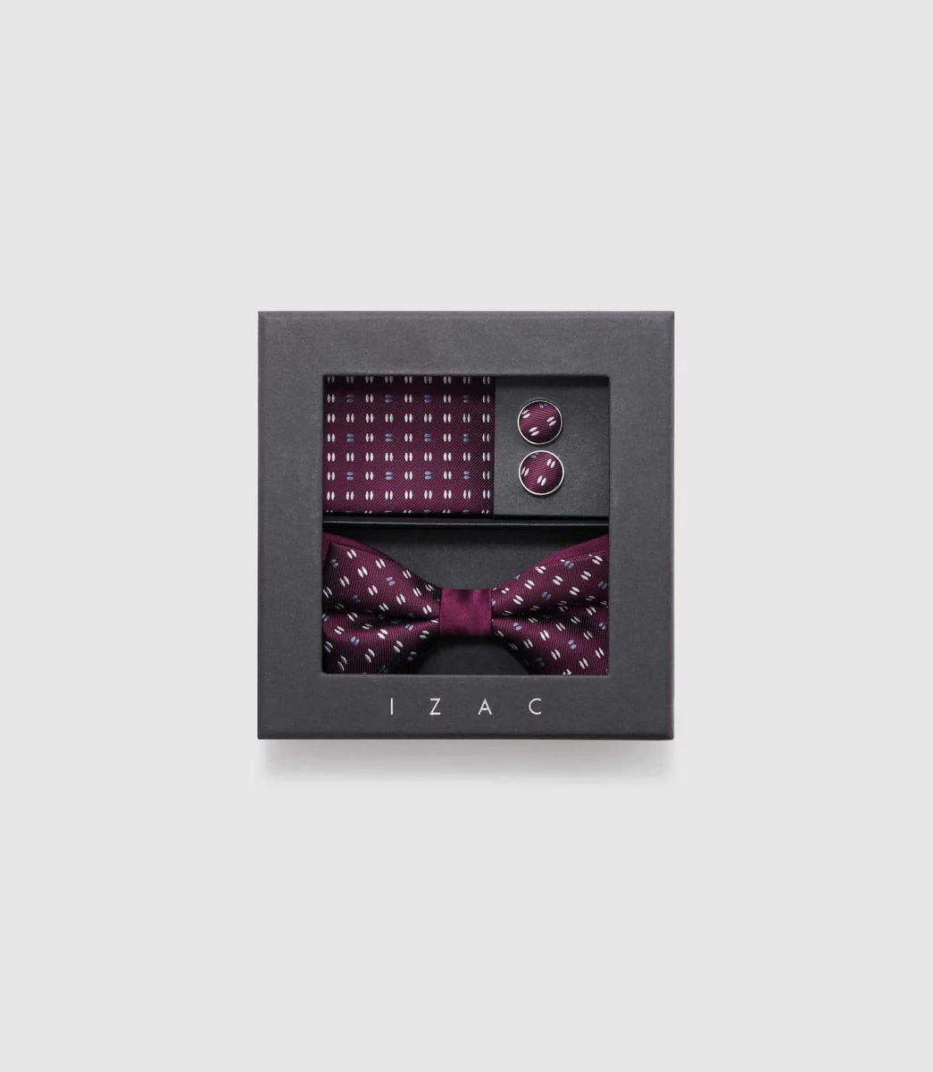 Coffret boutons de manchette, nœud papillon bordeaux 