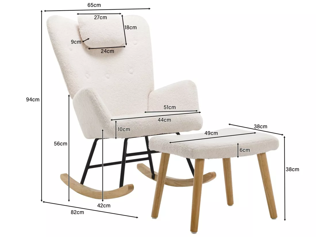 Fauteuil à bascule - chaise de relaxation pour salon - rembourrée de peluche Teddy - avec appui-tête et repose-pieds - base en bois - blanc