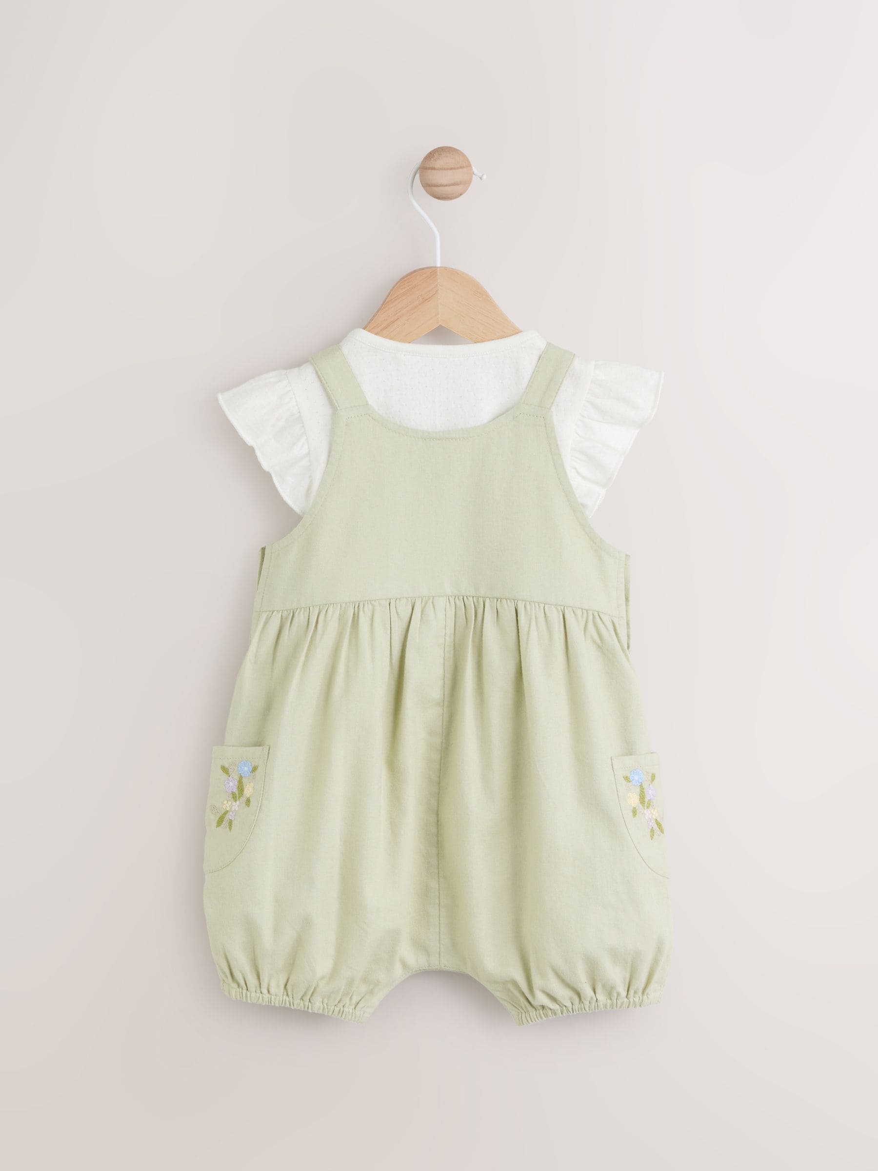 Saliegroen geborduurd bloemenmotief - Korte mouwen 100% katoenen rompertje en bretelbroek voor baby's set (0 mnd - 2 jr)