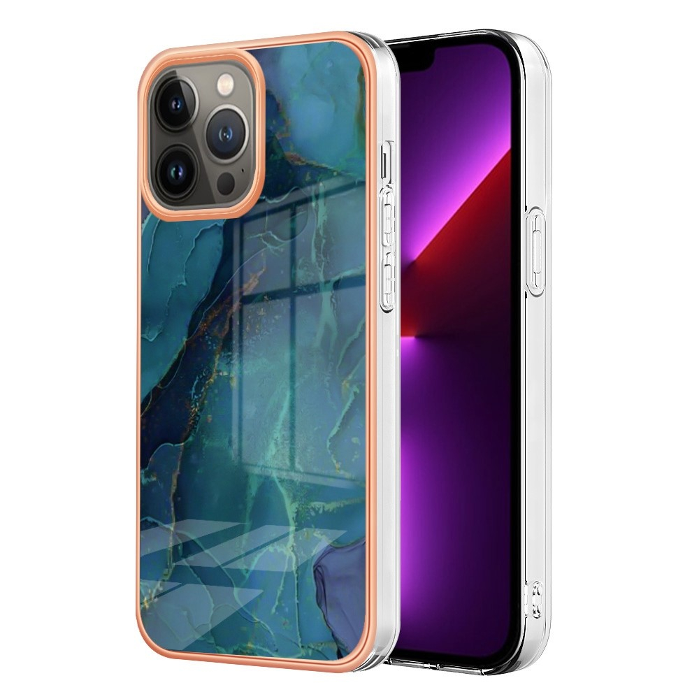 iPhone 13 Pro Gummi Case Hülle Galvanisierter Rahmen Marble Marmor Design - Blau / Roségold
