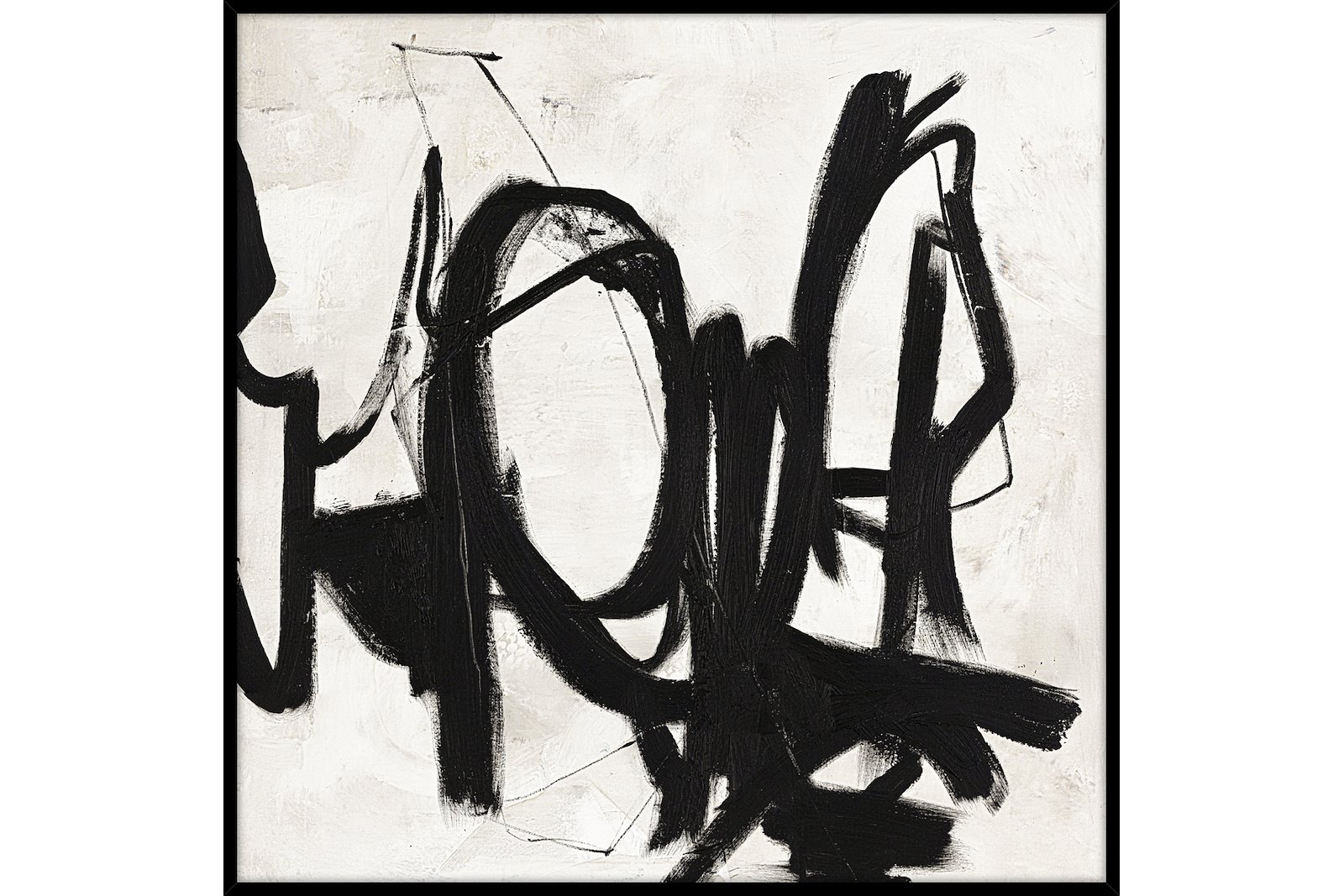 Playback II bilde Offwhite og sort maleri, med sort ramme 100x100 cm