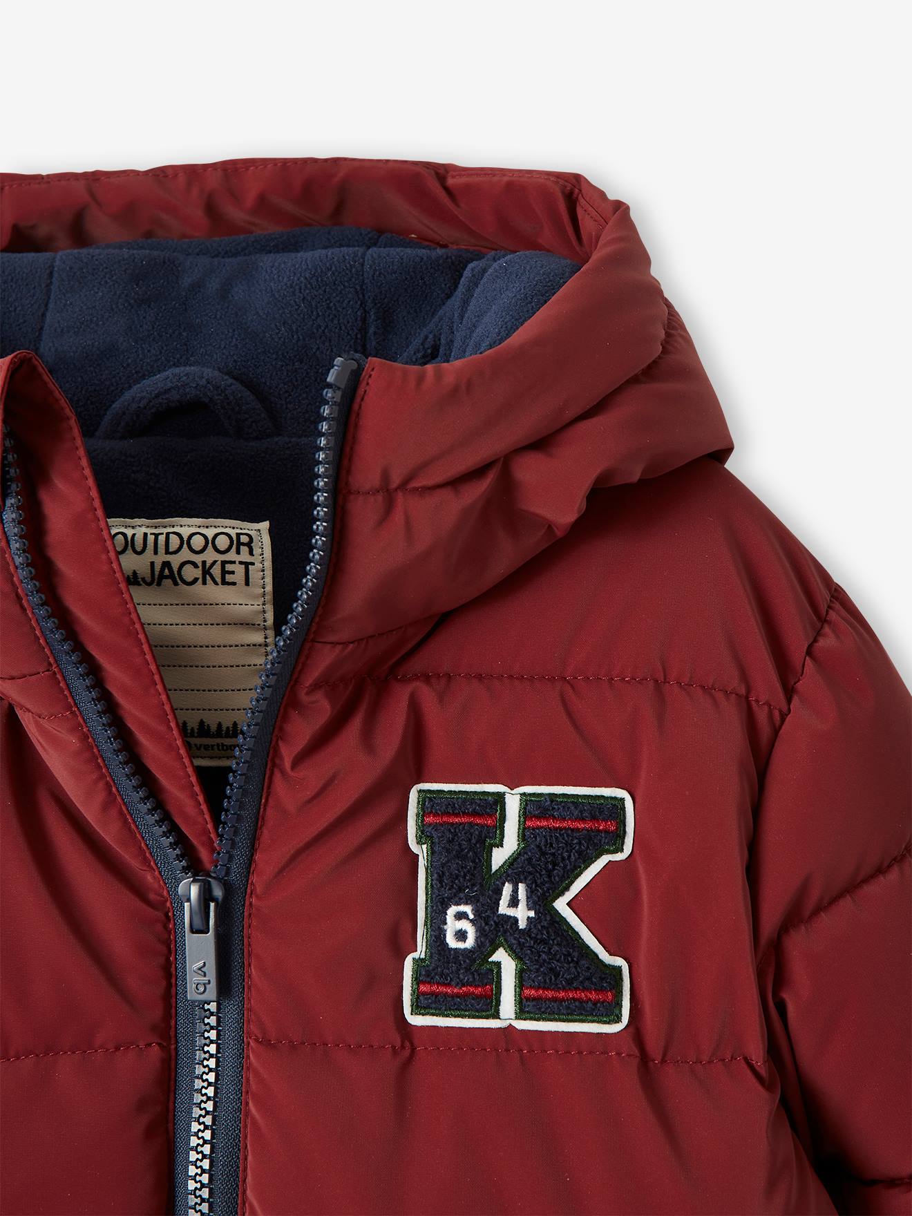 Jaqueta universitária acolchoada com emblema e forro de lã, jaqueta lisa azul-escura com estampa para menino.