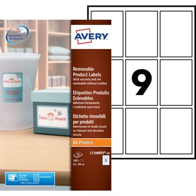 Avery - 20 Étiquettes amovibles blanches - 62 x 89 mm