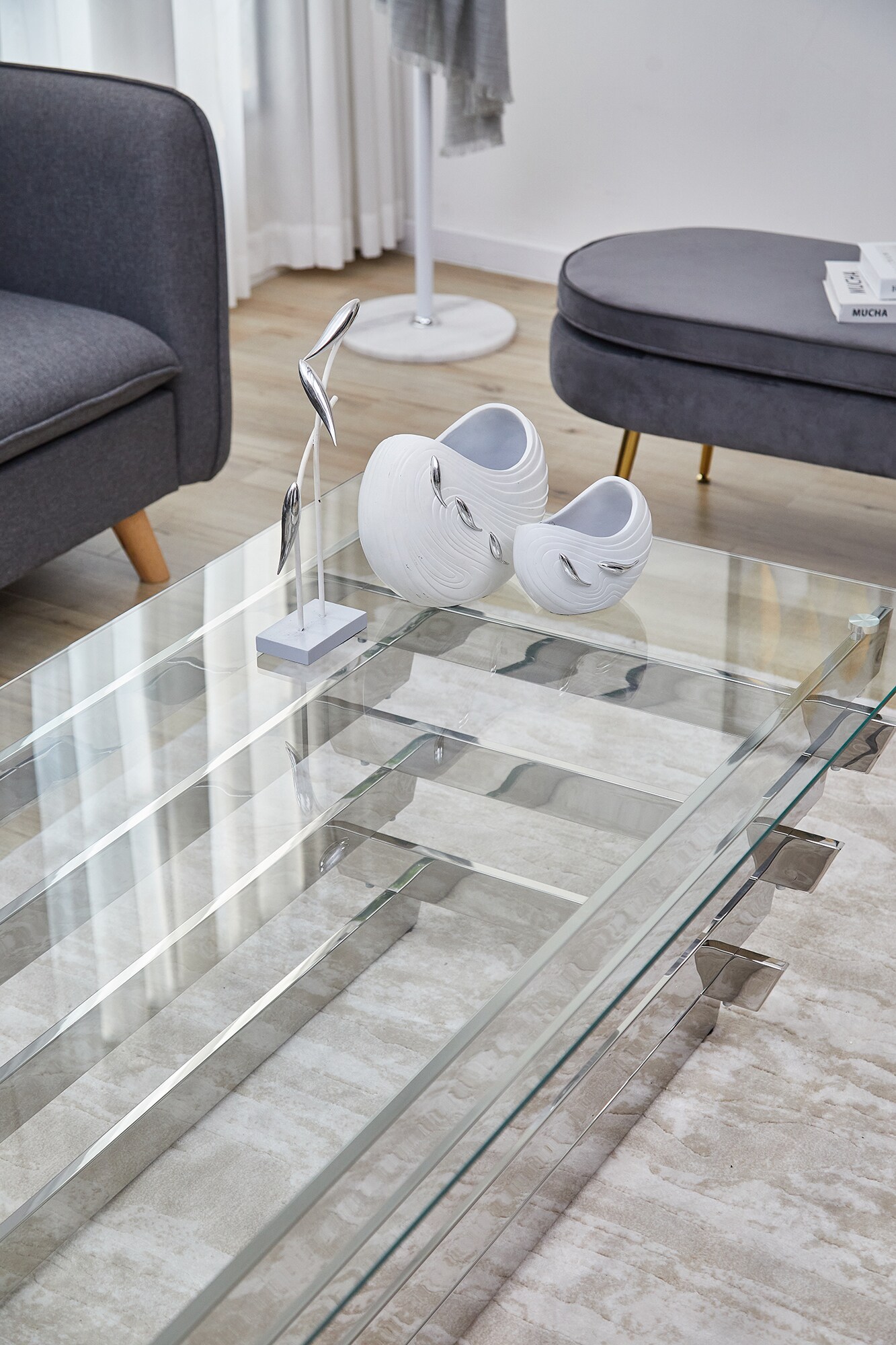 Couchtisch 130x70cm silber Sofatisch Glas Tisch Beistelltisch Wohnzimmertisch