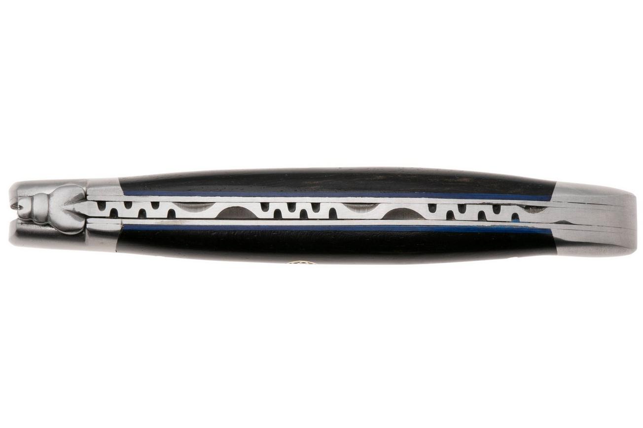 Laguiole en Aubrac Ebony, Blue Mosaic Pin, Blue Inlay, Matt Bolster, zakmes, 12 cm