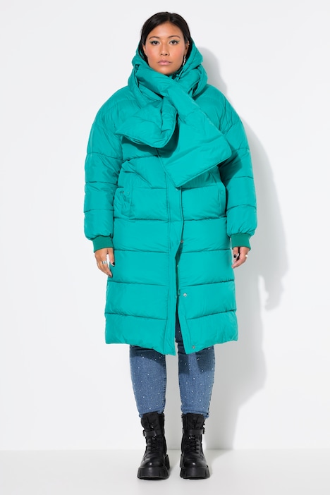 Steppmantel, oversized, abnehmbarer Schal, Kapuze