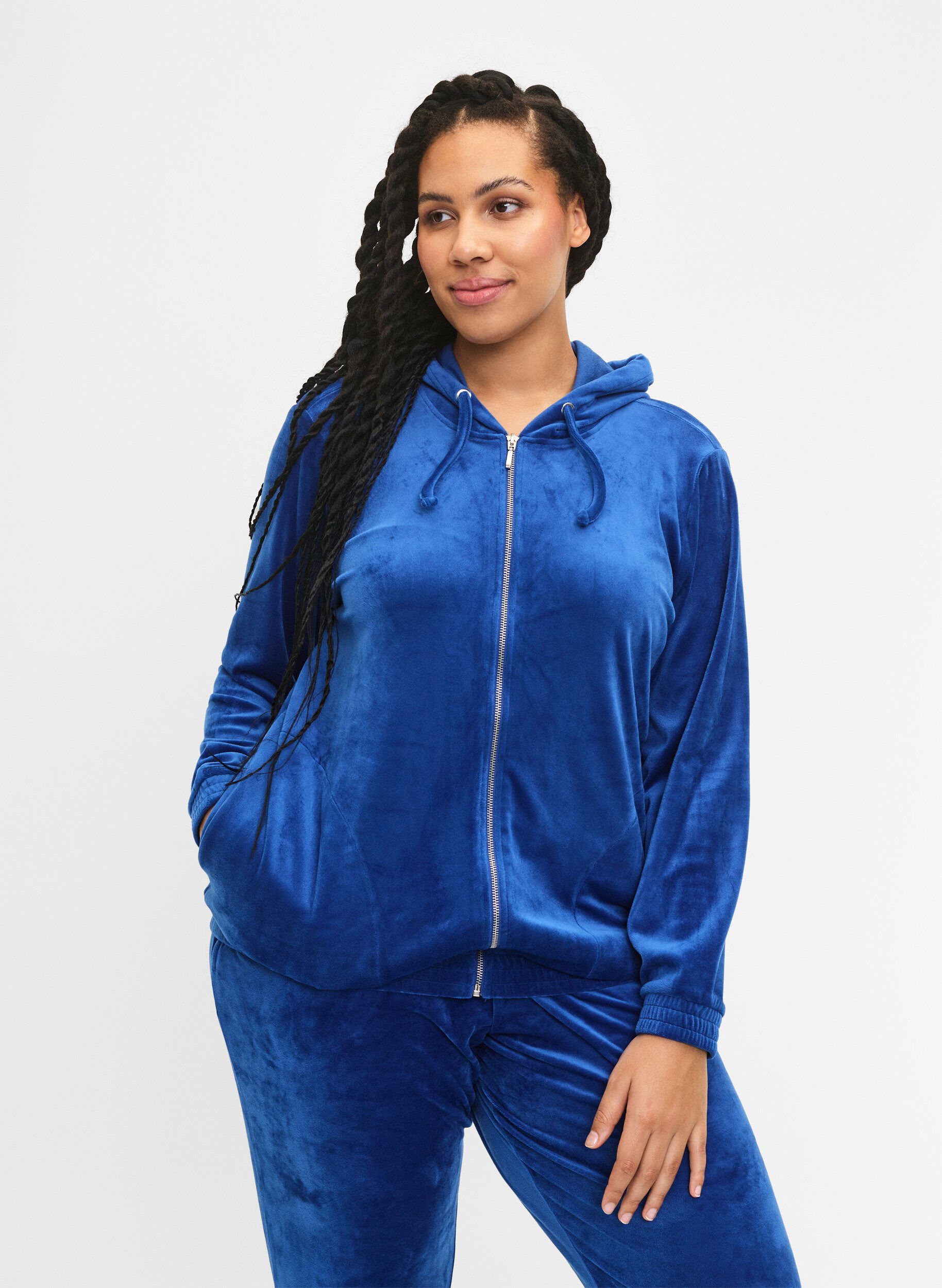 Velour cardigan med lynlås og hætte