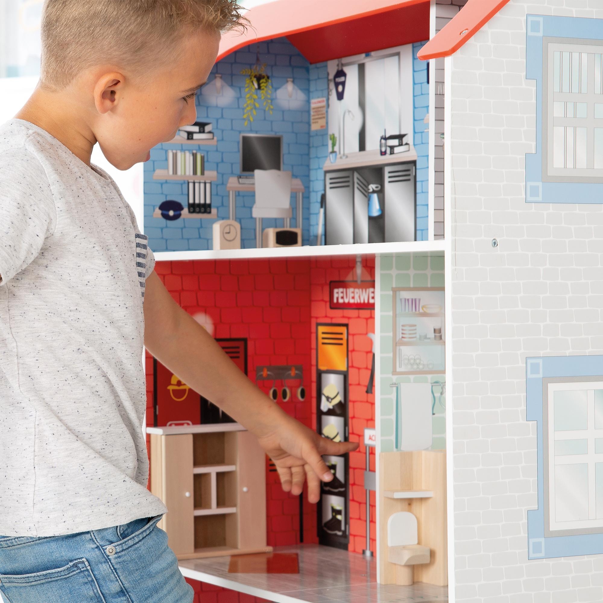 roba® Spielküche »2-in-1, Feuerwehr« mit mehrstöckigem Puppenhaus